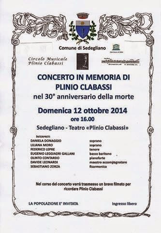 CONCERTO per PLINIO CLABASSI e premio GRANDI FRIULANI nel MONDO – Teatro Sedegliano (UD) – 12 ottobre 2014