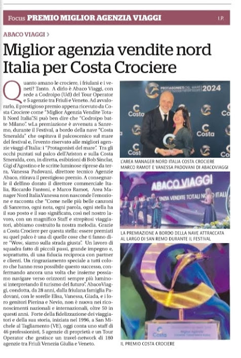 Articolo su Abacoviaggi, premio Miglior agenzia vendite Nord Italia per Costa Crociere